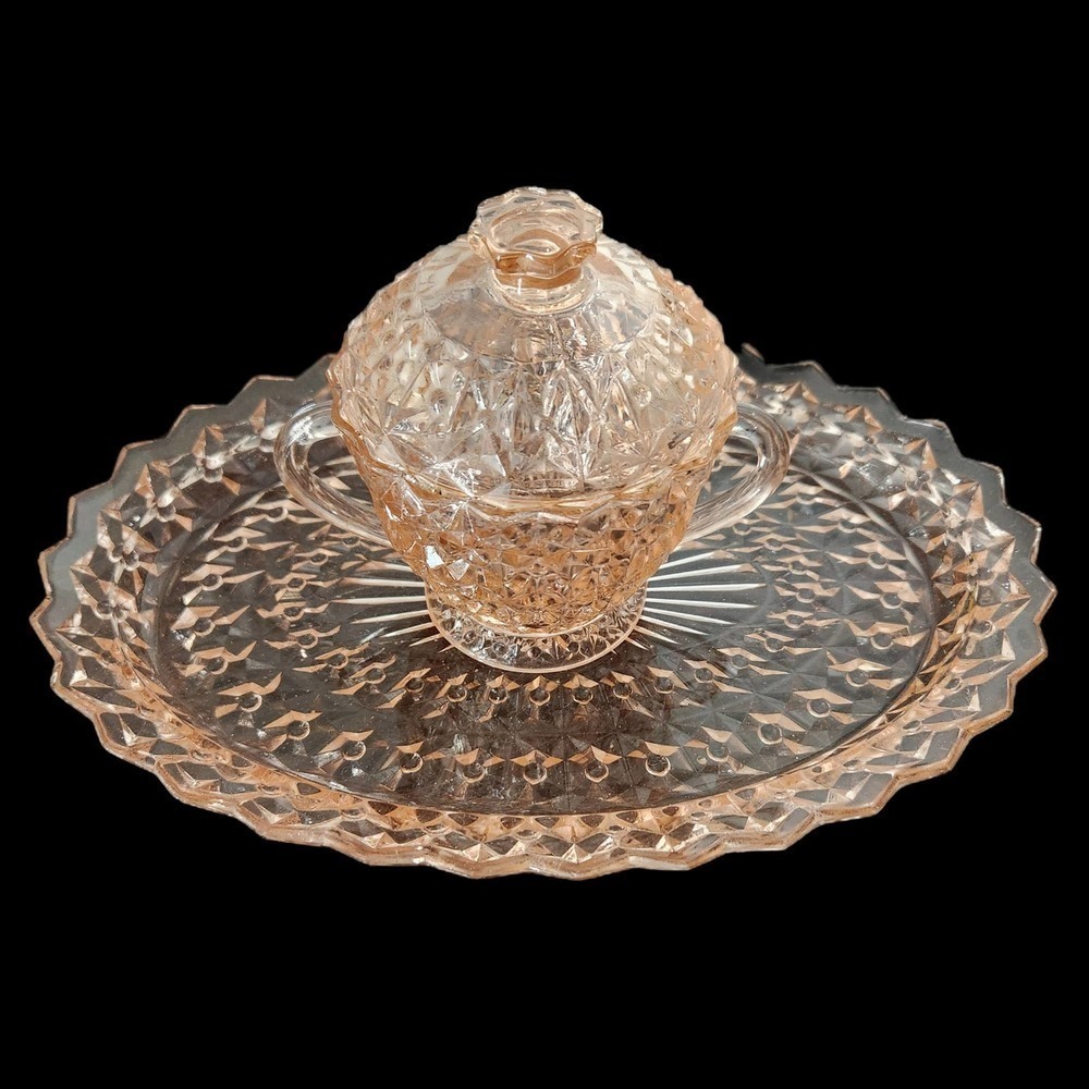 Depression Amber Peach‎ Glass Etched Sugar Bowl & Platter